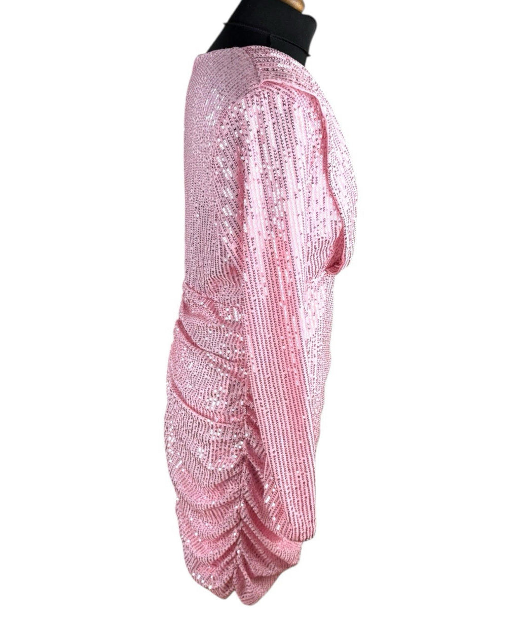 Pink Sequin Party Dress Deep V Ruffle Side Slimming Midi Women’s UK Size XL