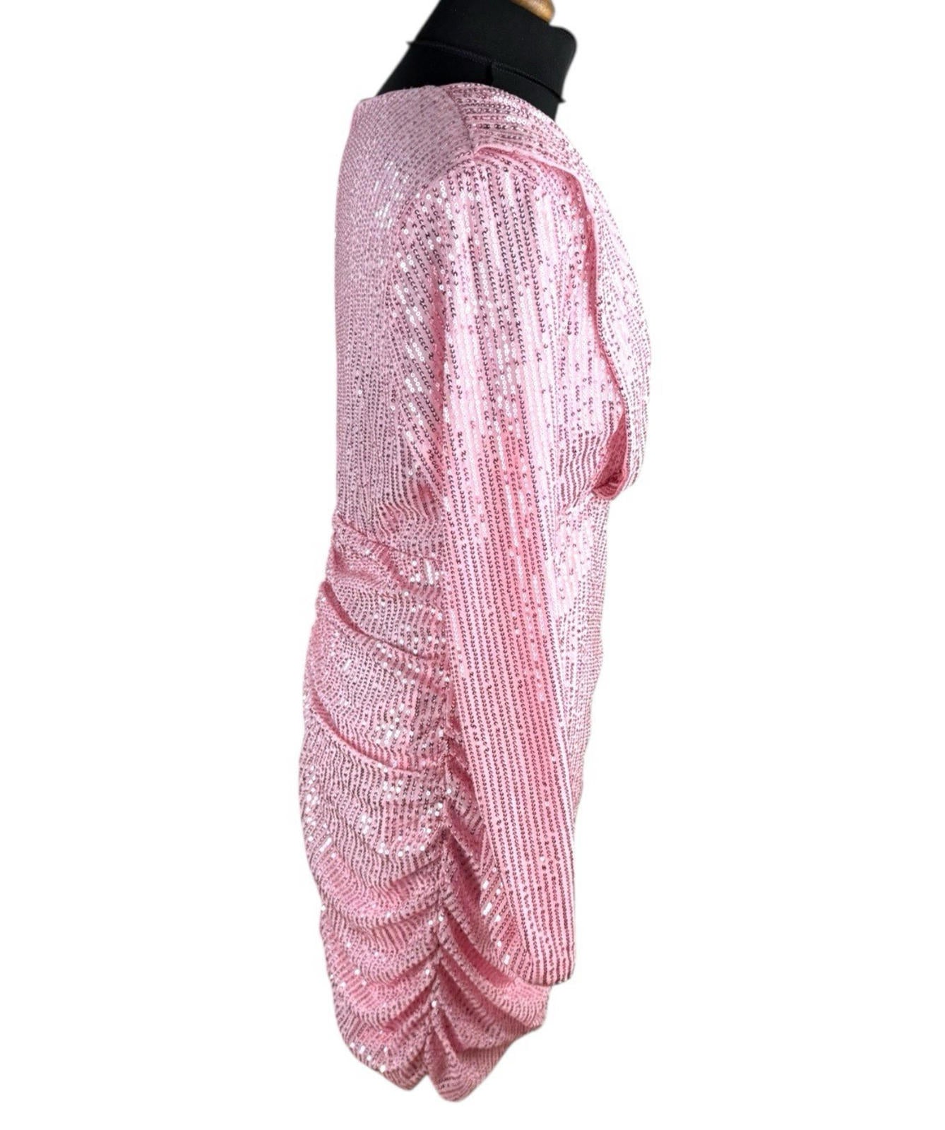 Pink Sequin Party Dress Deep V Ruffle Side Slimming Midi Women’s UK Size XL