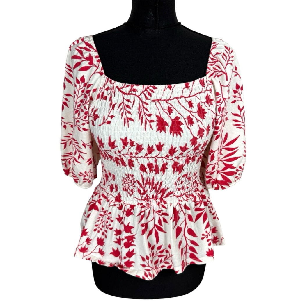Peacocks Peplum Frill Top Women’s UK Size 10 Square Neck Bell Sleeve White Red