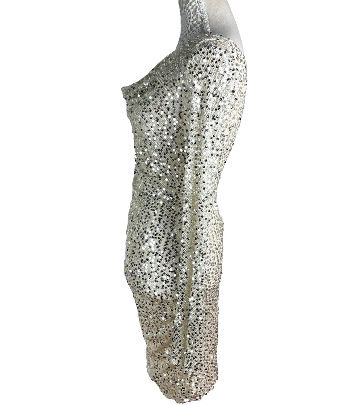 Silver Sequin Mini Dress Women’s UK Size 8 Long Sleeve Cowl Neckline Occasion