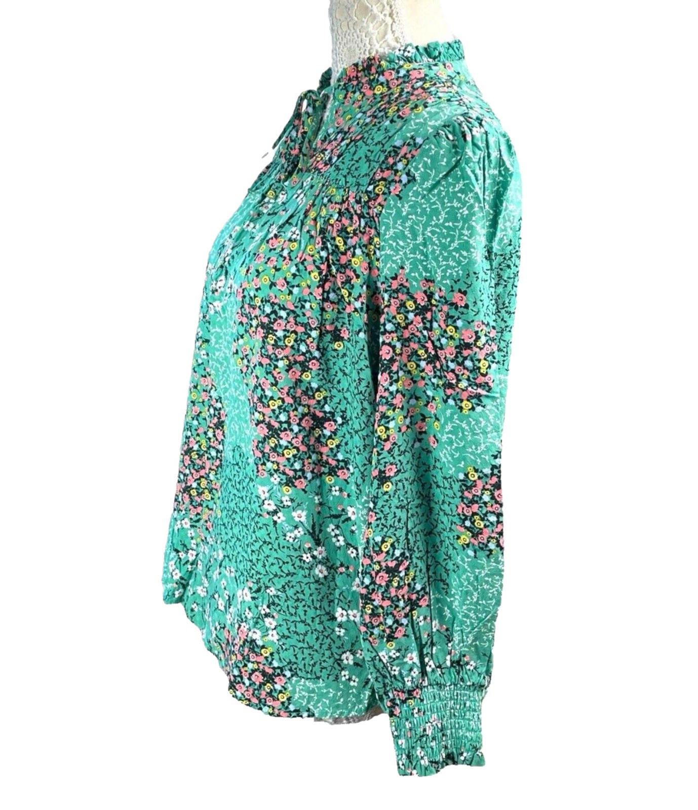 Marks & Spencer Floral Blouse Women’s UK Size 12 Tie Neck Long Sleeve Green