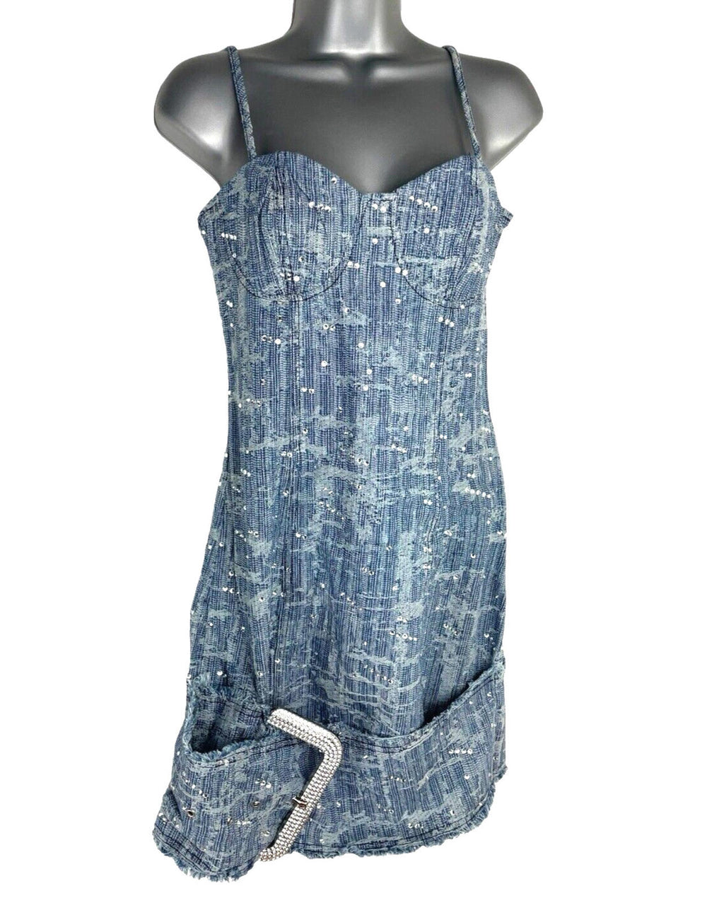 Pretty Little Thing Textured Denim Dress Diamante Buckle Women’s UK Size 8