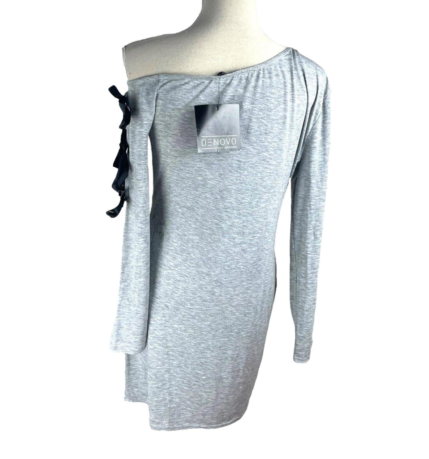 Denovo Mini Dress Grey One Shoulder Long Sleeve Black Bows Women’s UK Size 16