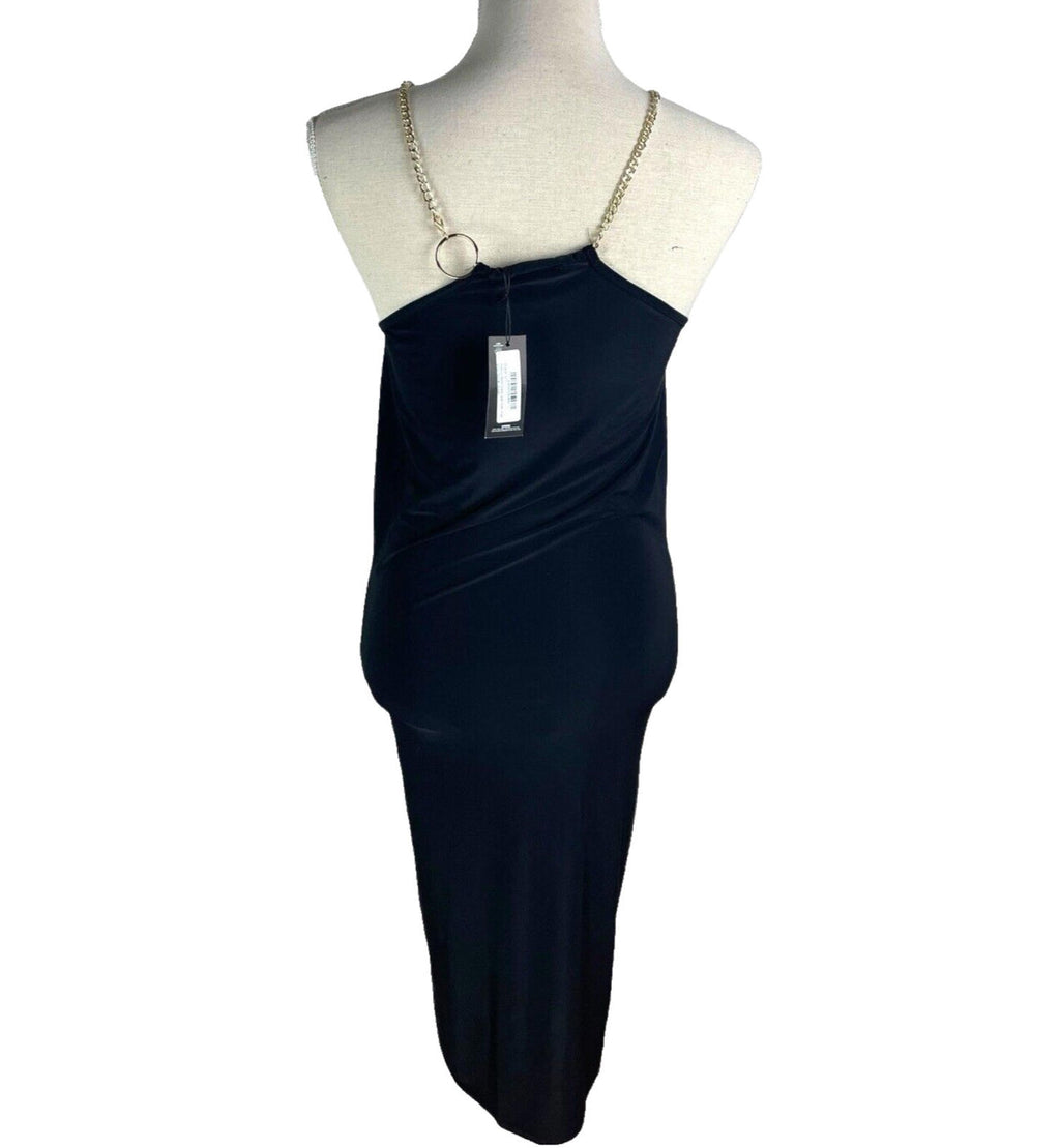 Pretty Little Thing Bodycon Midi Dress Women’s UK Size 8 Black Gold Chain Detail