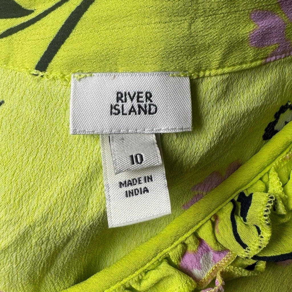 River Island Neon Blouse Women’s UK Size 10 Long Sleeve Frill Detail Floral