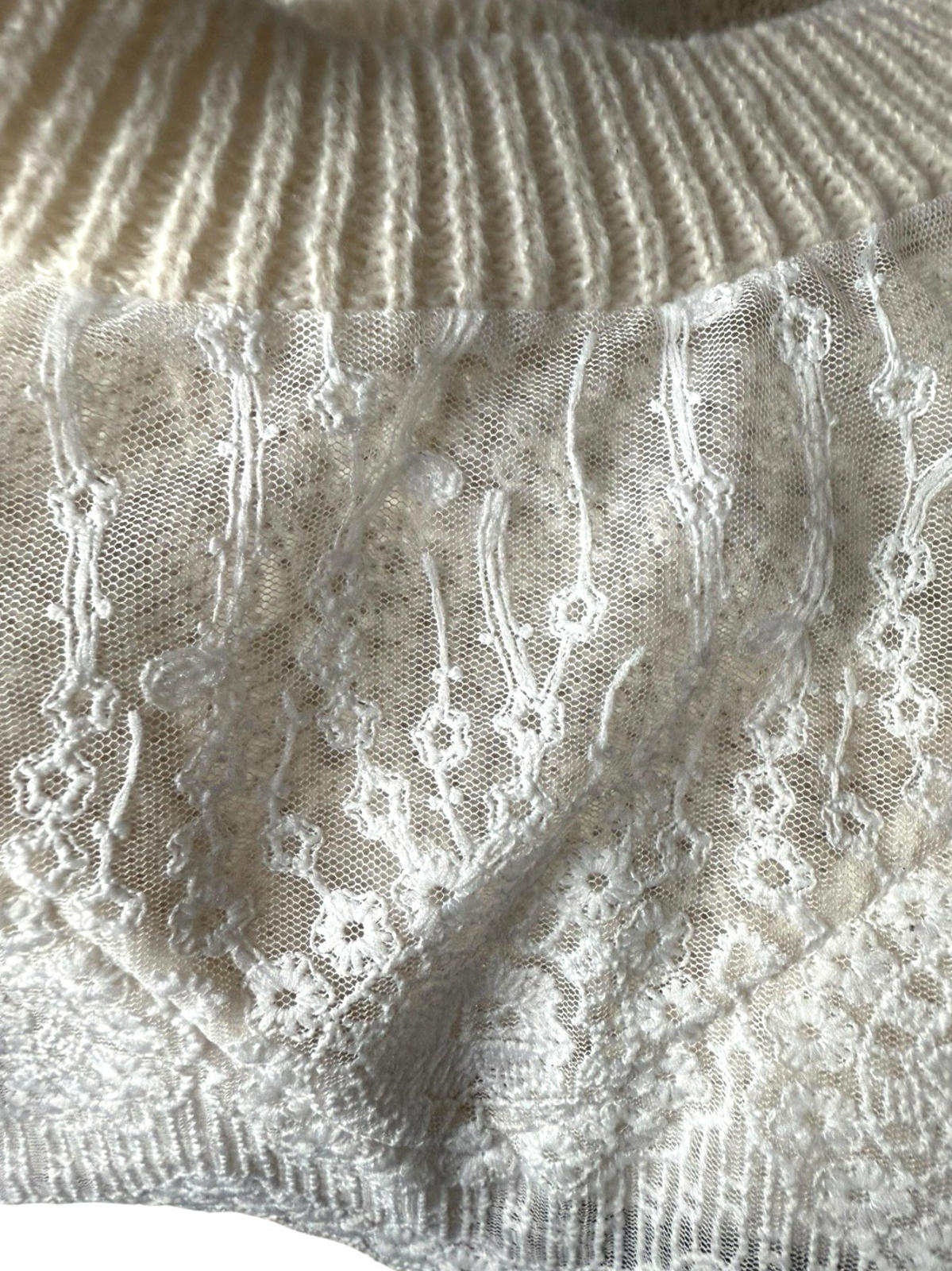 Shein Beige Knit Jumper White Lace Panel Long Sleeve Women’s UK Size L