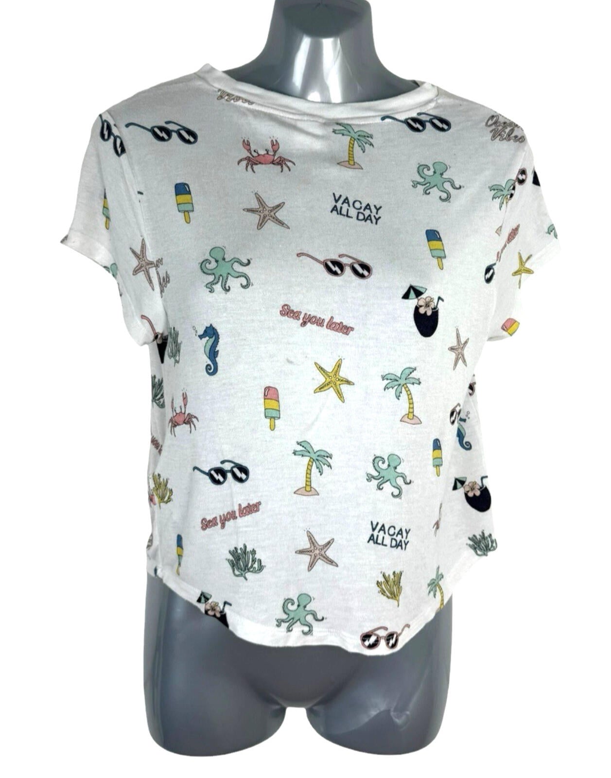 Divided Printed T-Shirt Crop Top Women’s UK Size S Short Sleeve Holiday Print