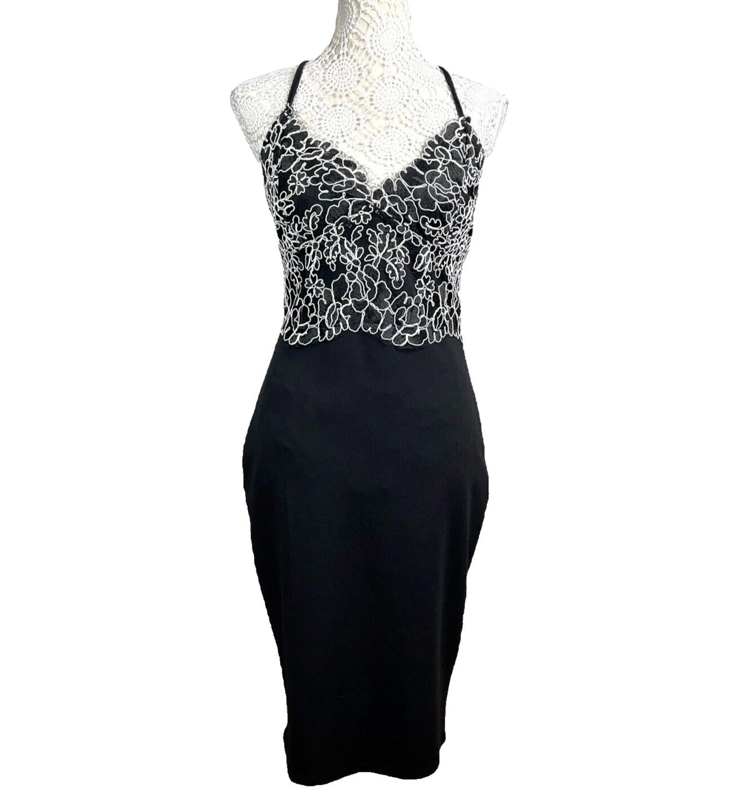 River Island Black Midi Dress White Embroidered Detail Women’s UK Size 12