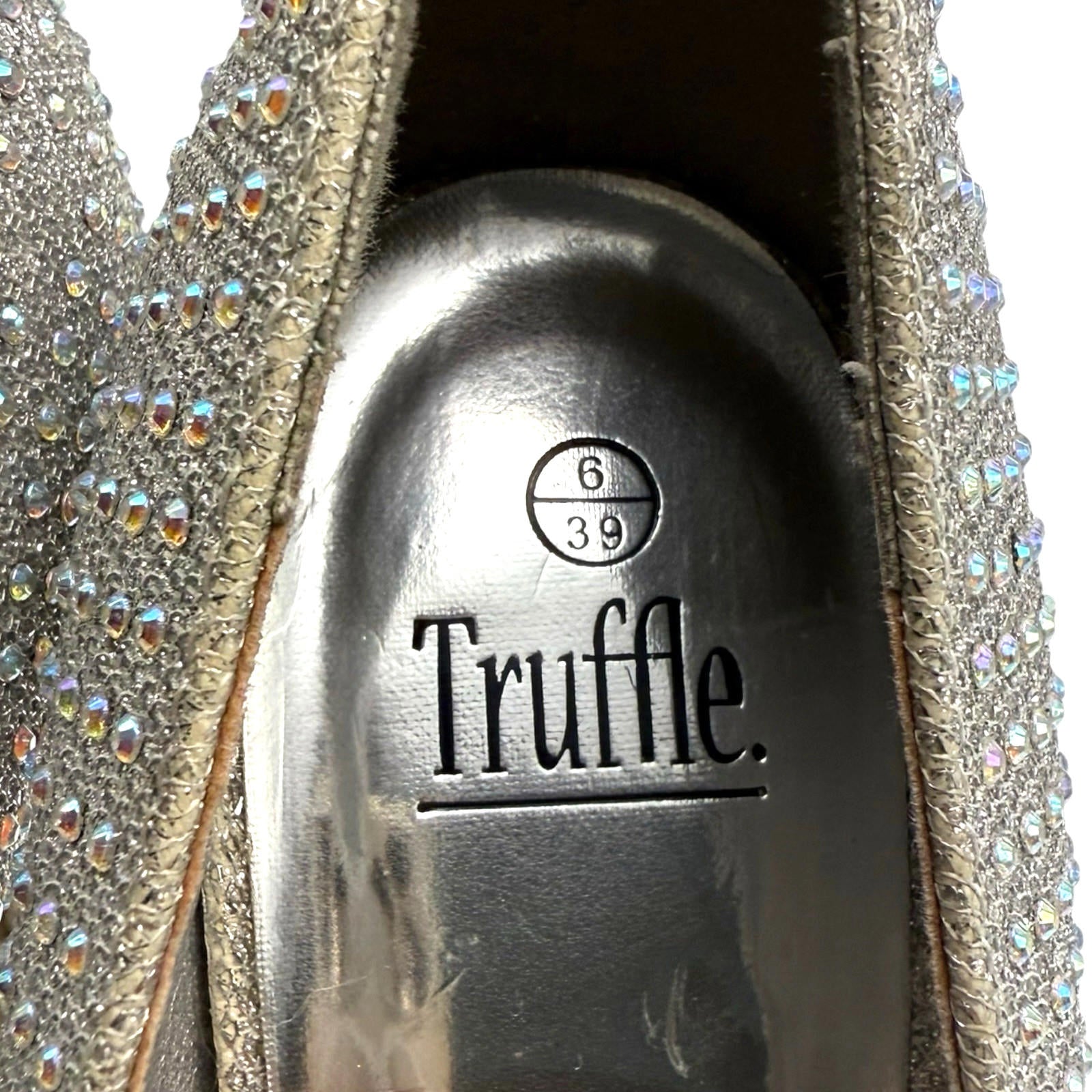 Truffle Silver Rhinestone Shoes Round Toe Stiletto Sparkle Women’s UK Size 6