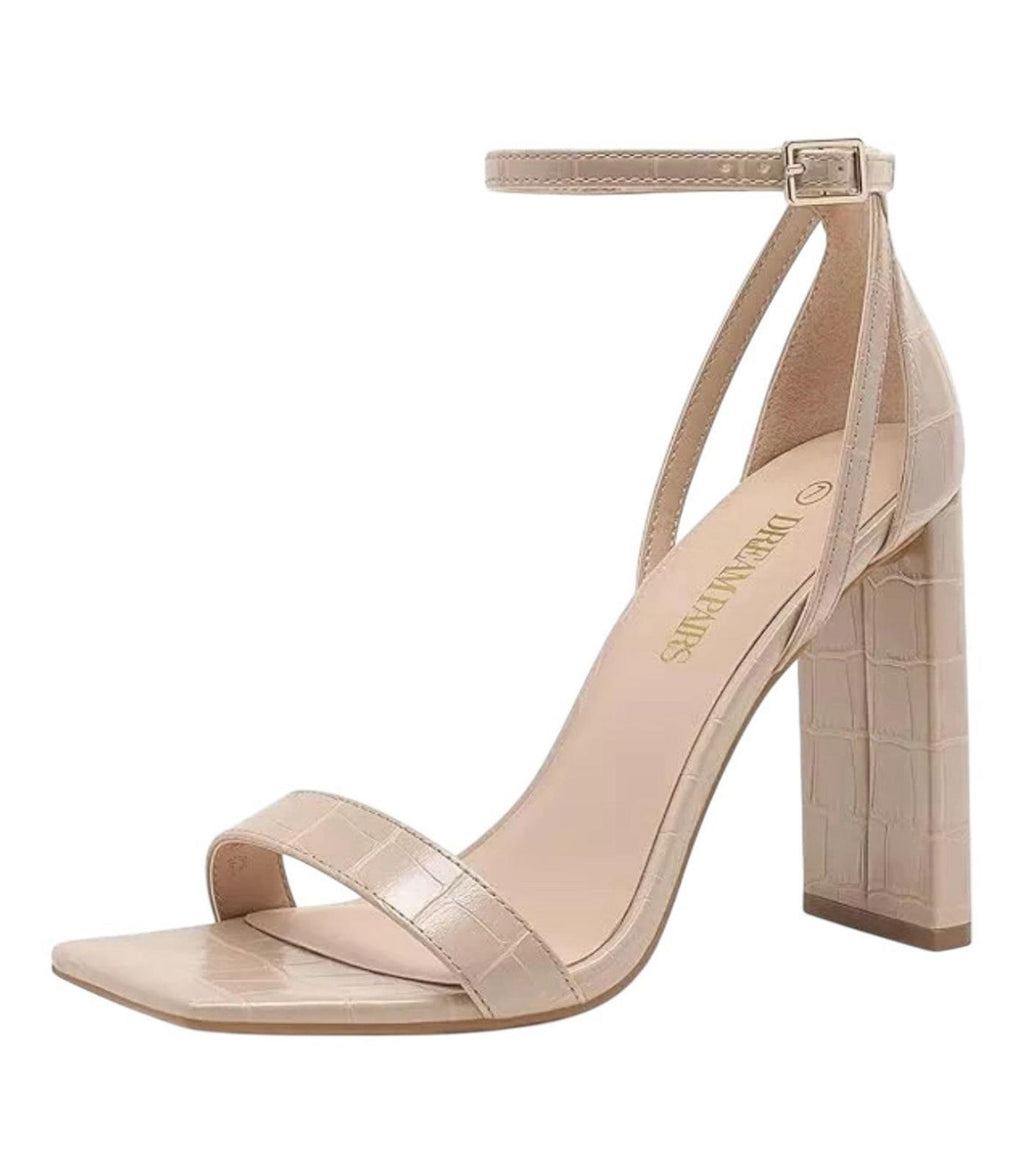 Dream Pairs Nude Open Square Toe Block Heel Shoes Crocodie Faux Leather