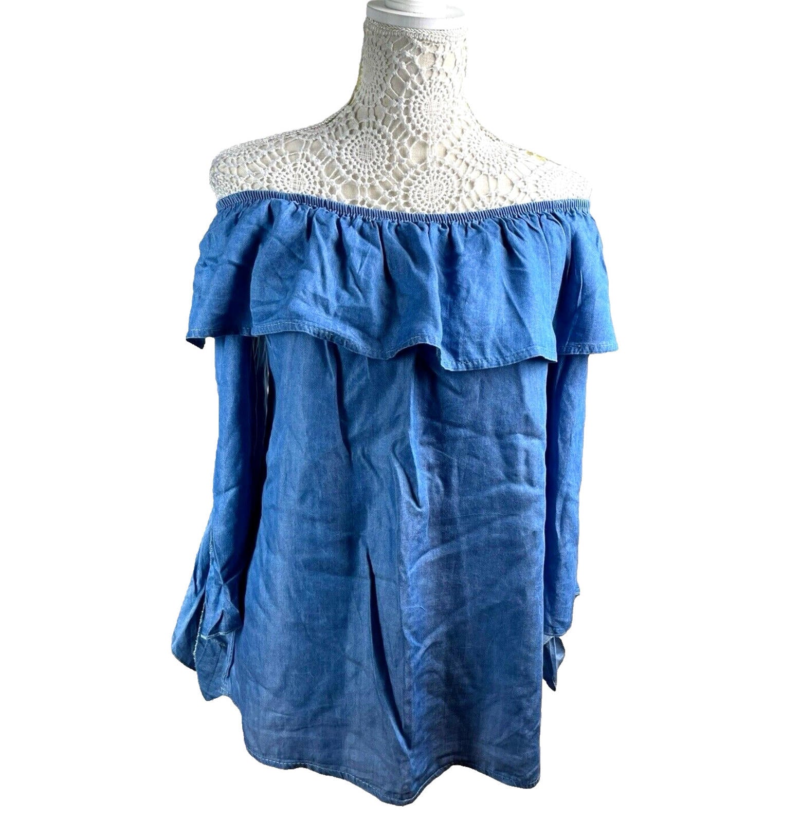 Quiz Off-Shoulder Blouse Women’s UK Size M-L Blue Denim Style Ruffle Long Sleeve