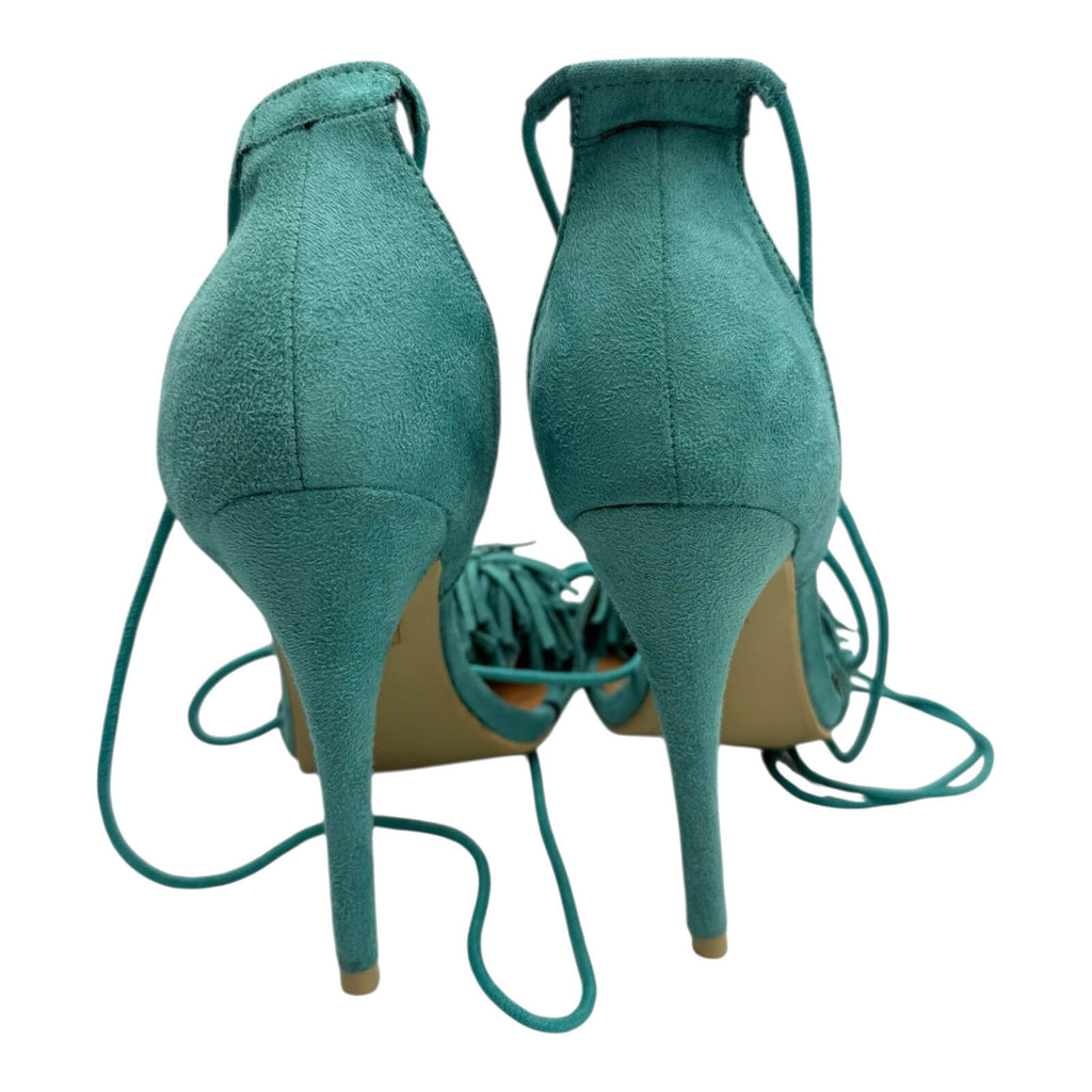 No Doubt Strap Up Stiletto Shoes Women’s UK Size 4 Open Tasseled Toe Green Suede