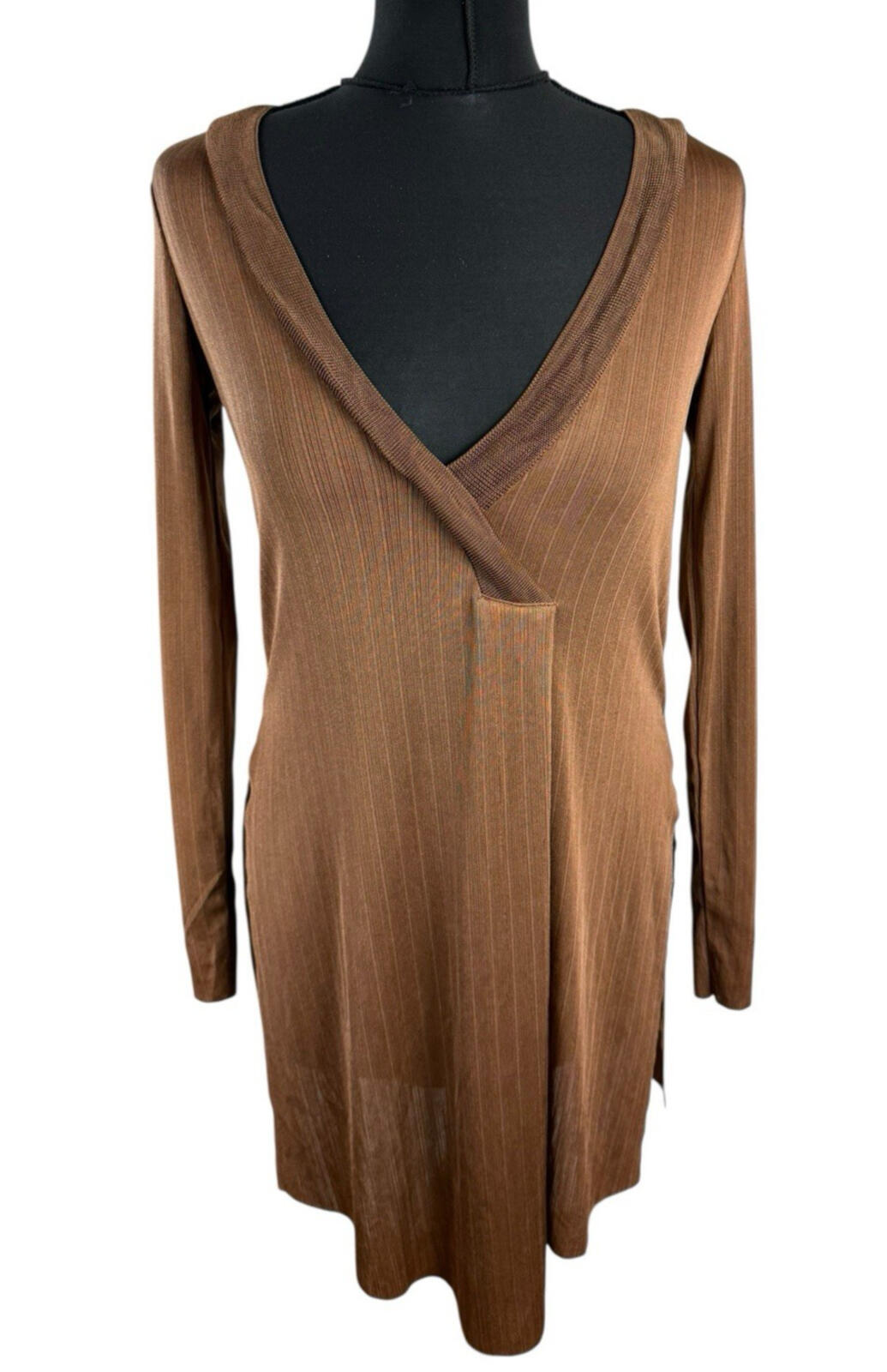 Zara Long Sleeve Tunic Top Women’s UK Size S Side Slit Brown Fine Stripe V-Neck
