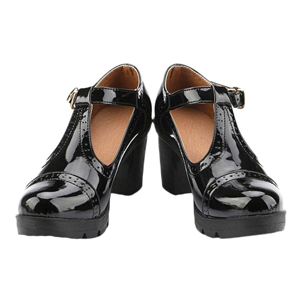 Black Patent Leather Block Heel Shoes T Bar Clip Women’s UK Size 3.5