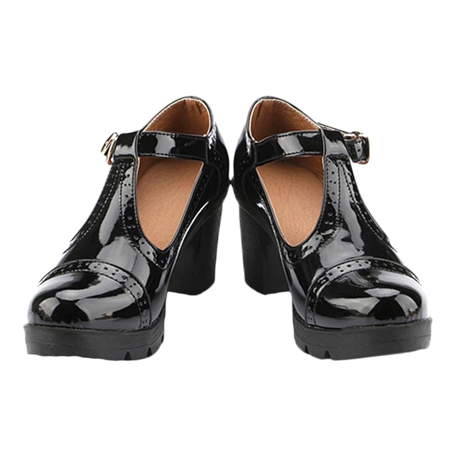 Black Patent Leather Block Heel Shoes T Bar Clip Women’s UK Size 3.5