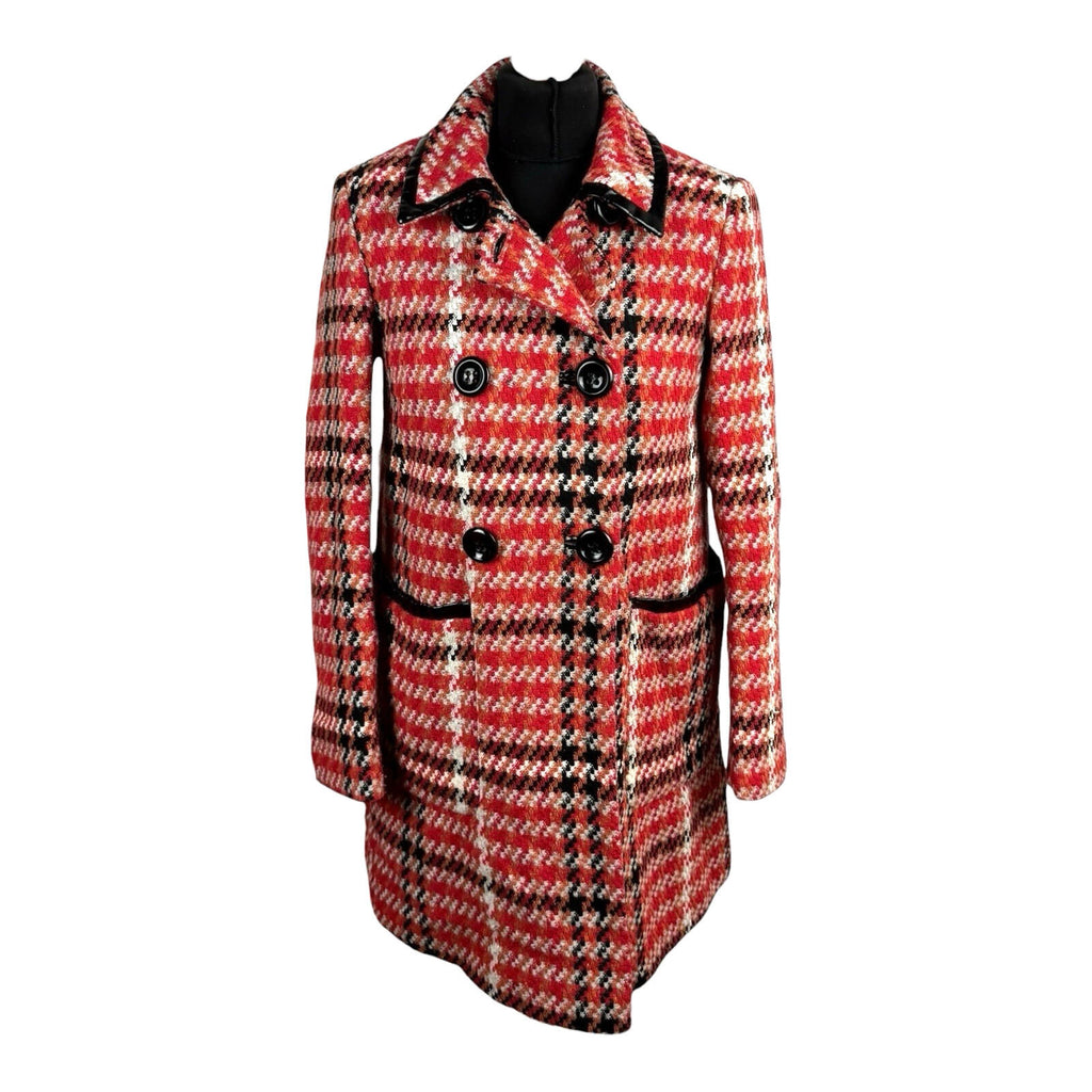 Topshop Red Check Overcoat Women’s UK Size 8 Collared Pockets Lined Button Up