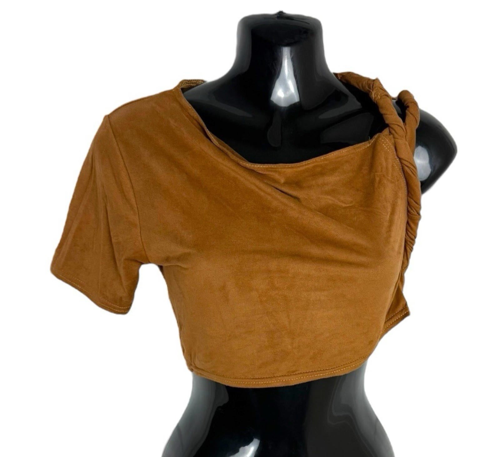 Pretty Little Thing Faux Suede T-shirt Top Cropped One Sleeve Women’s UK Size 8