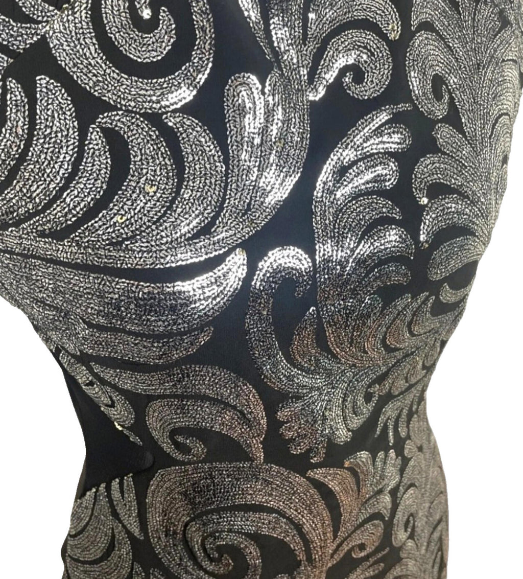 Amy Childs Black Midi Dress Silver Sequin Leaf Detail Women's UK Size 14