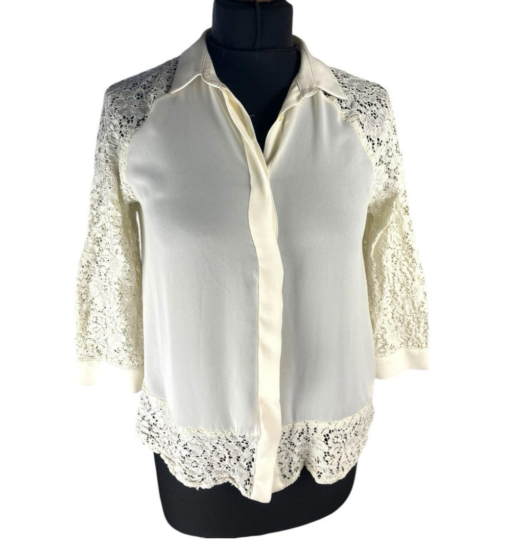 Zara Basic Ivory Blouse Lace Panels Women’s UK Size S