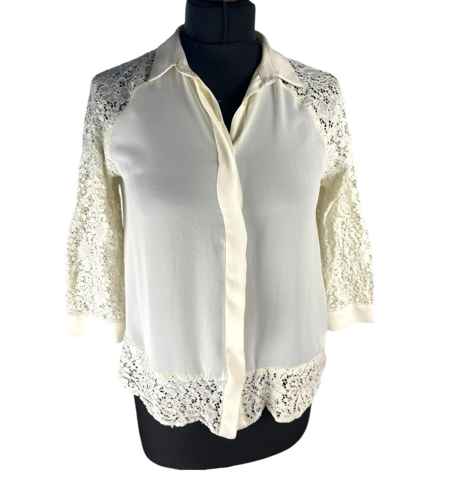 Zara Basic Ivory Blouse Lace Panels Women’s UK Size S