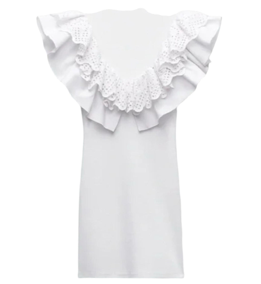 Zara Mini Dress White Ribbed Ruffled V-Neck Summer Women’s UK Size S (8)