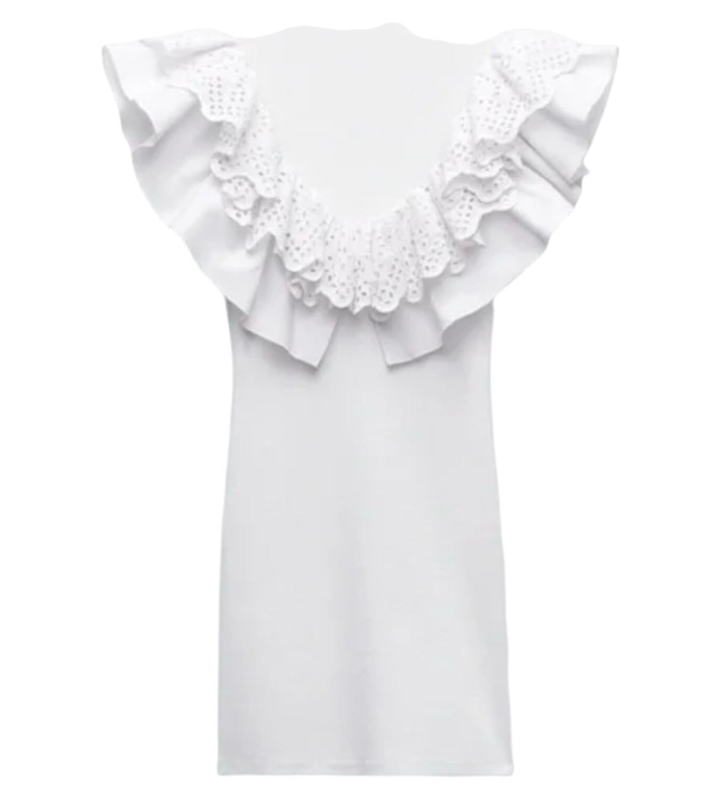 Zara Mini Dress White Ribbed Ruffled V-Neck Summer Women’s UK Size S (8)