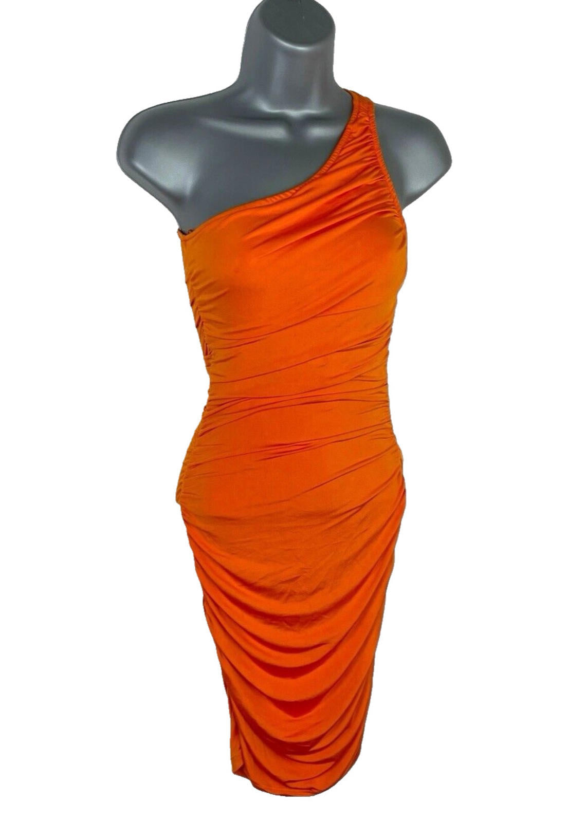 Stradivarius Midaxi Dress Bodycon Orange One Shoulder Ruffle Women’s UK Size XS