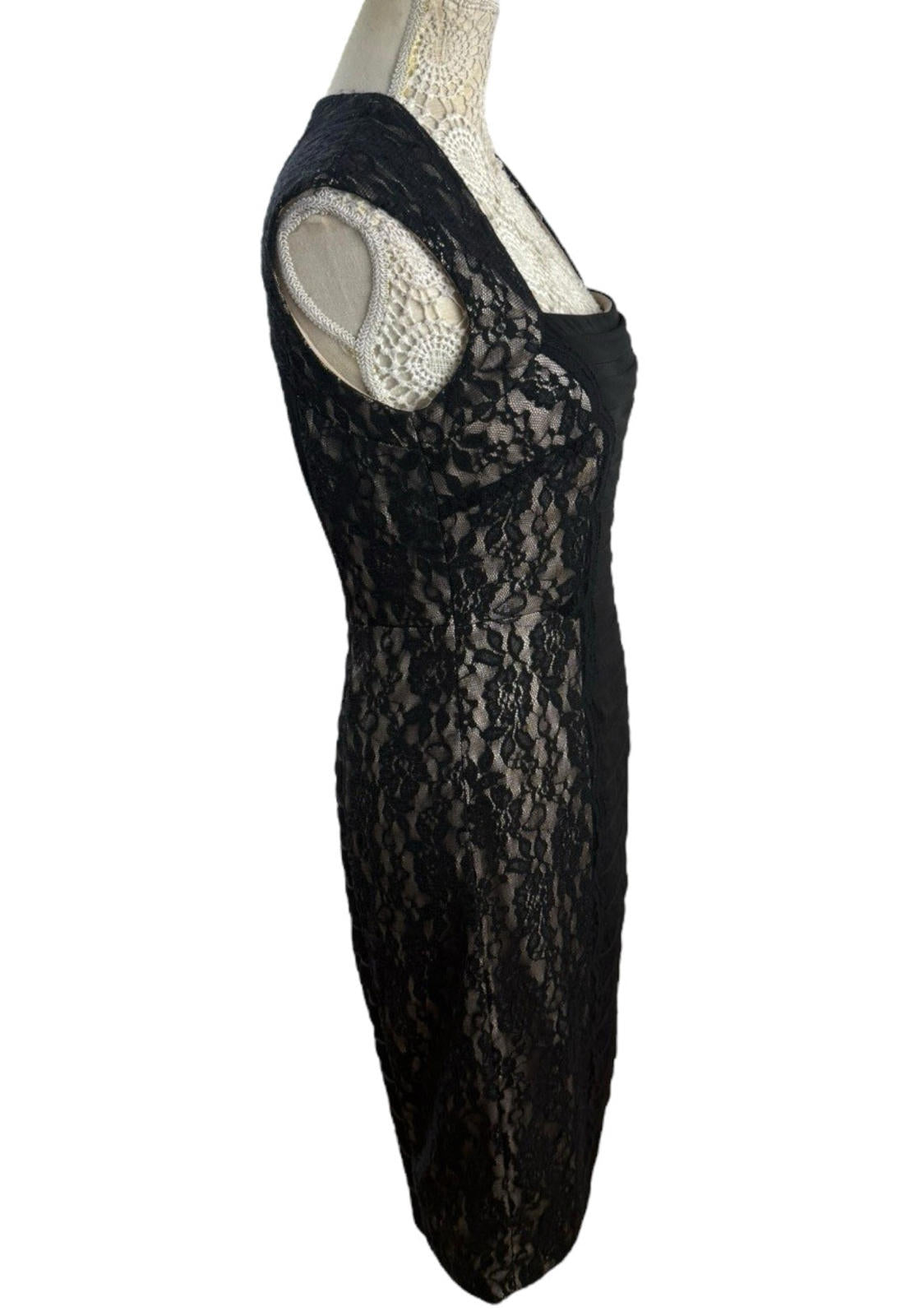 Jax Cocktail Dress Women's UK Size 8 Ruched Panel & Lace Overlay Bodycon Lined