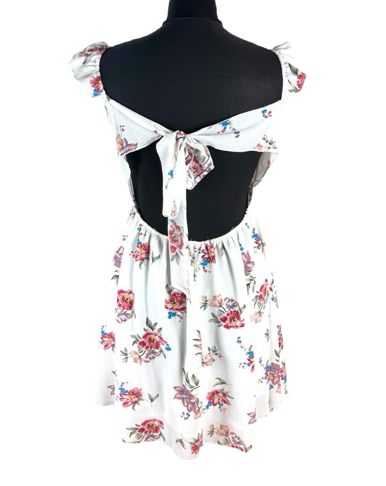 Floral Mini Dress Women’s UK Size L White Ruffle Square Neck Tie-Strap Open Back