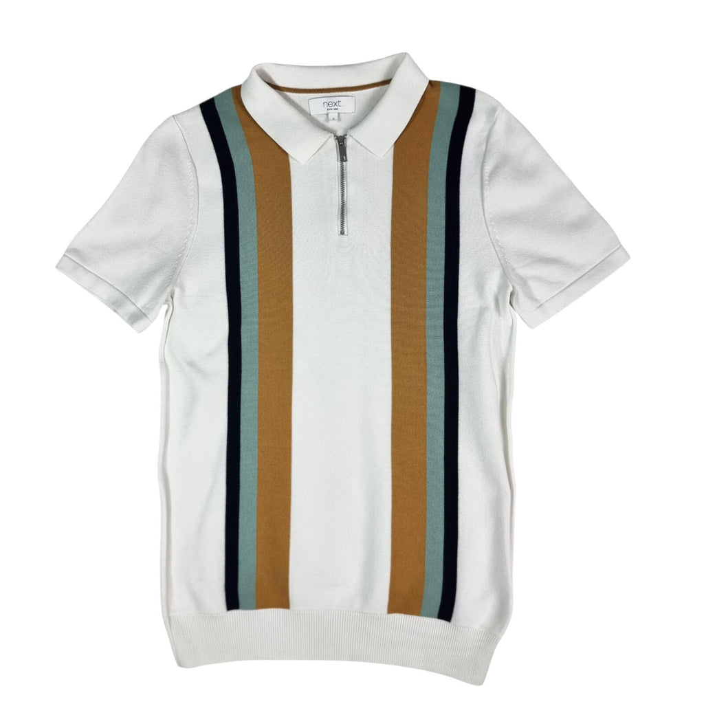 Next Knit Polo Shirt Men's UK Size S Striped Short Sleeve 100% Cotton 1/4 Zip