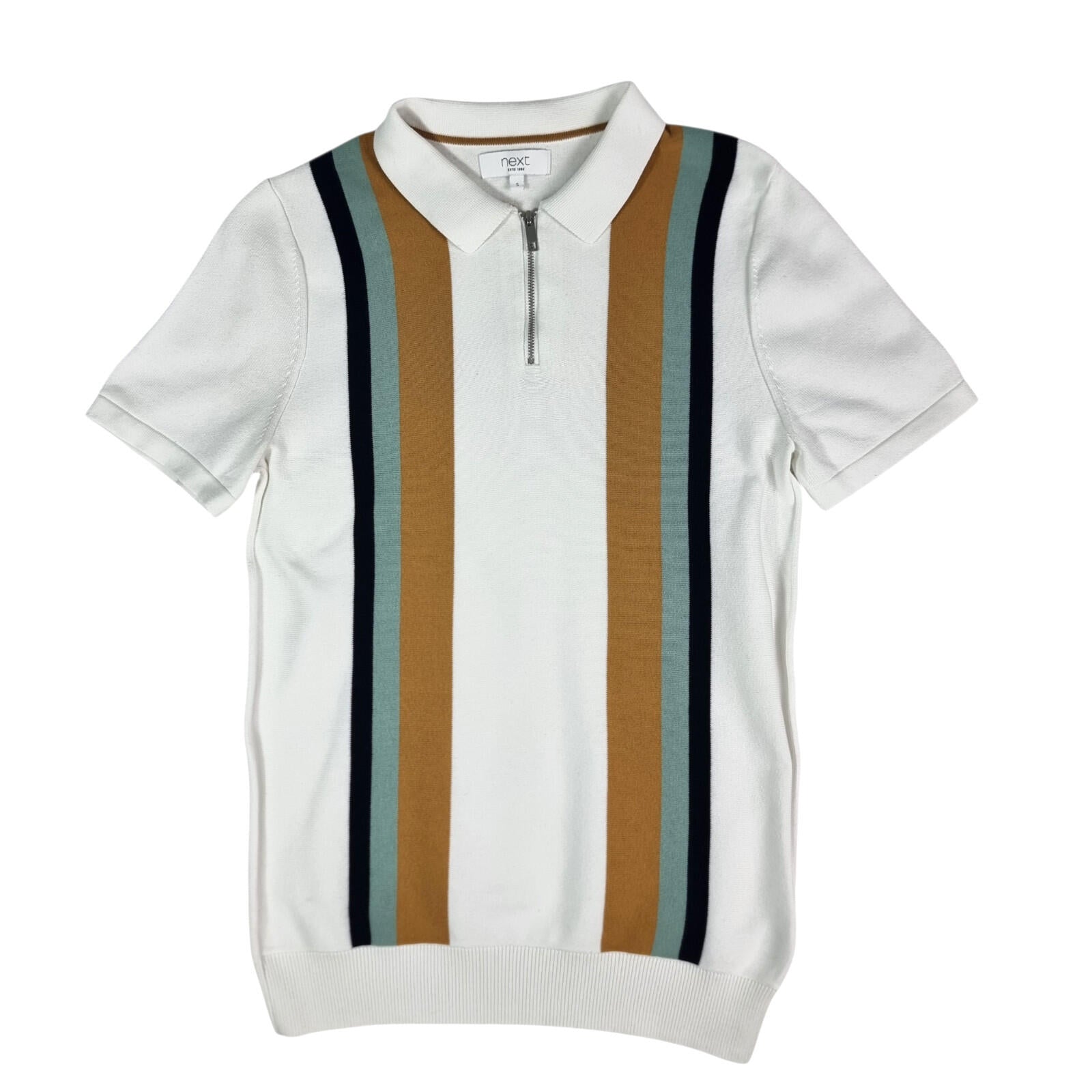 Next Knit Polo Shirt Men's UK Size S Striped Short Sleeve 100% Cotton 1/4 Zip