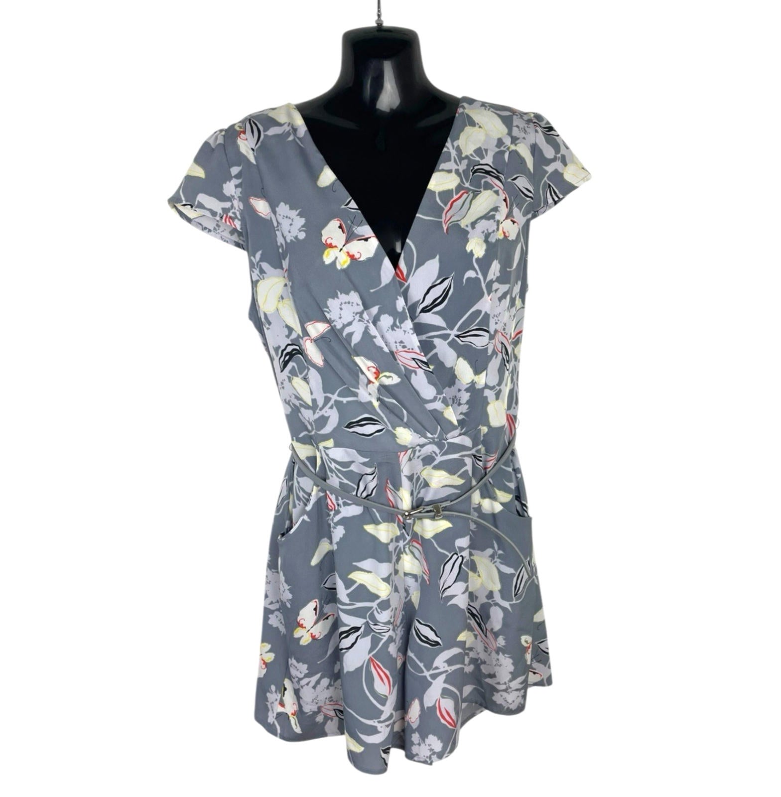 Oasis Grey Floral Playsuit Belted Pockets Women’s UK Size 12