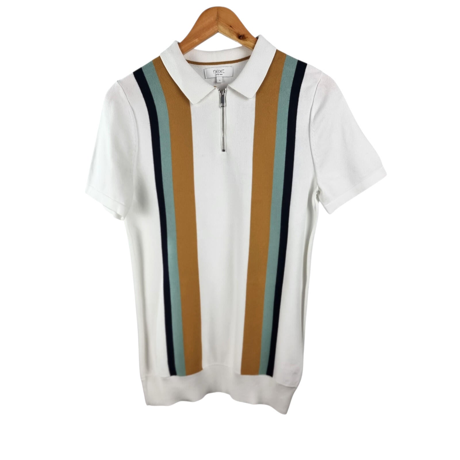 Next Knit Polo Shirt Men's UK Size S Striped Short Sleeve 100% Cotton 1/4 Zip