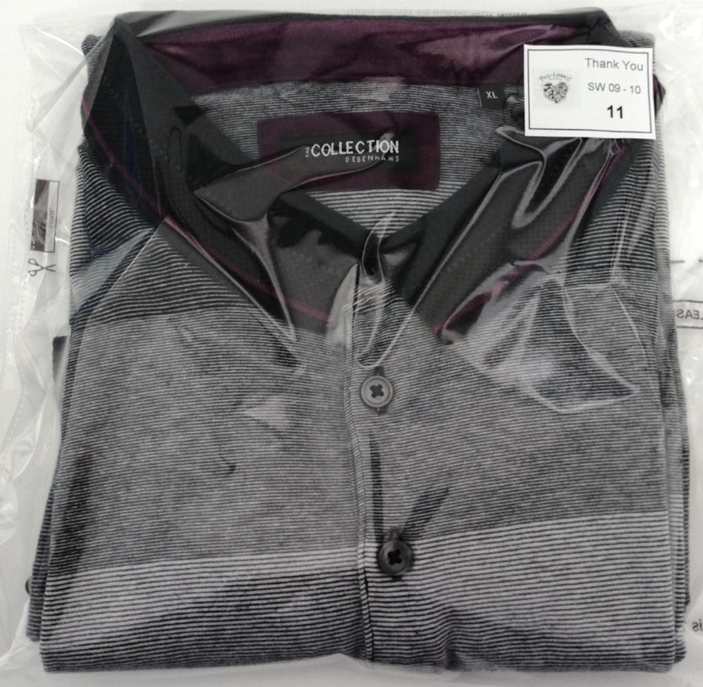Debenhams Men's UK Size XL Grey Polo Shirt Striped Plum Black Collar Side Gusset