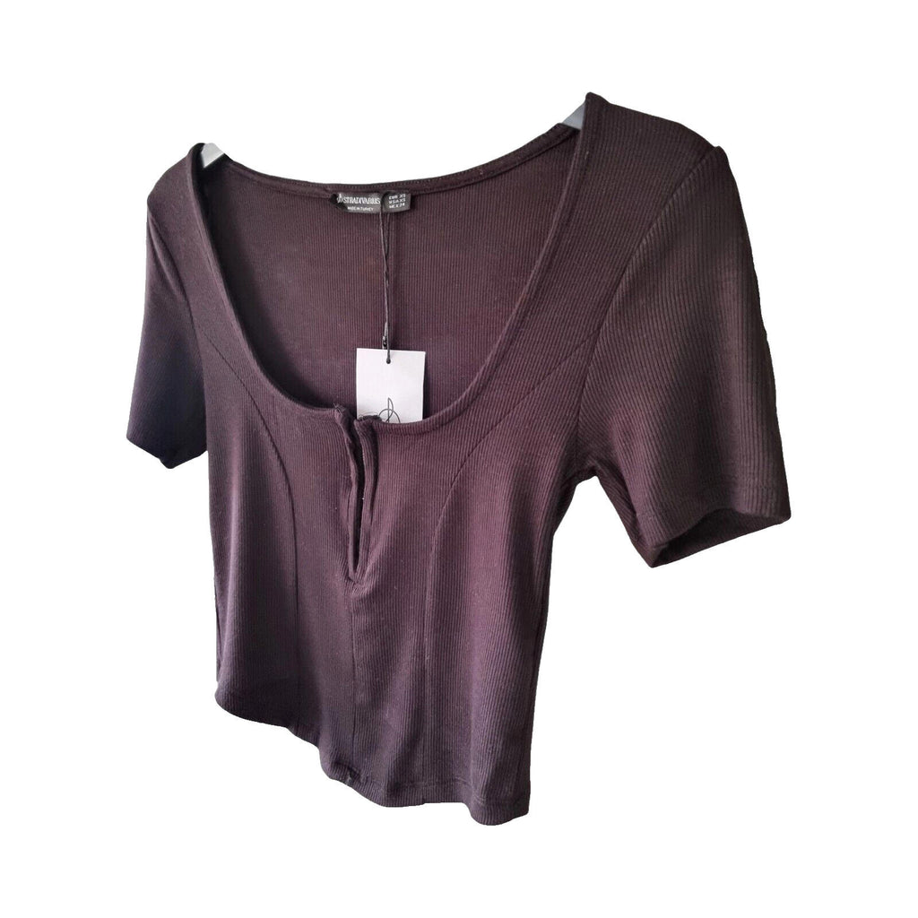 Stradivarius Crop Top Ribbed Black Clasp Fasten Women's UK Size XS