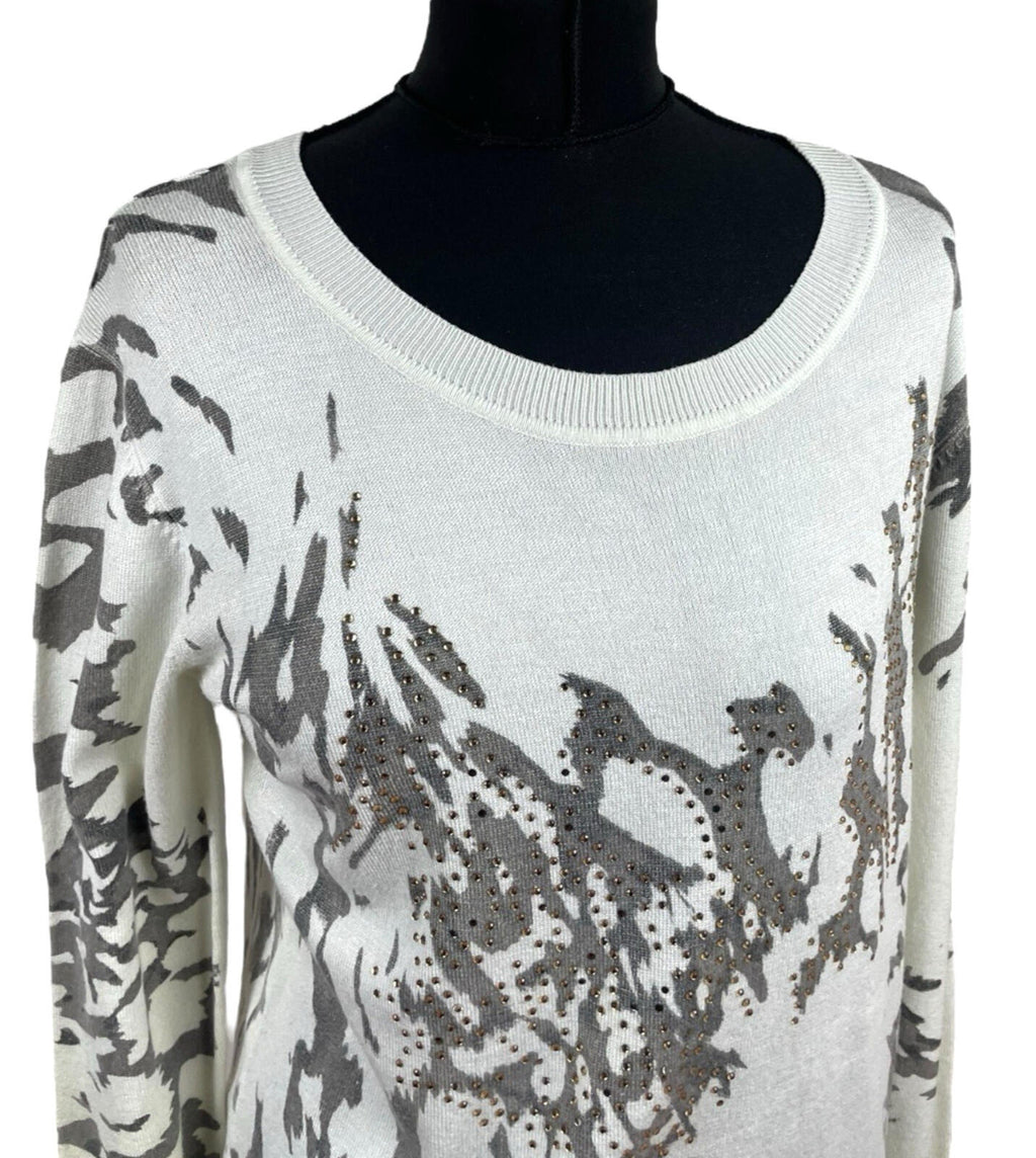 Just Elegance Thin White Jumper Grey Gold Pattern Round Neck Women’s UK Size L