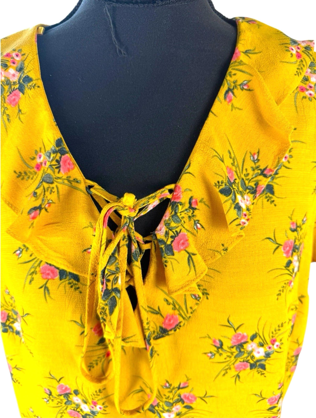 Dorothy Perkins Floral Blouse Women’s UK Size 14 Yellow Ruffle Collar Tie Neck