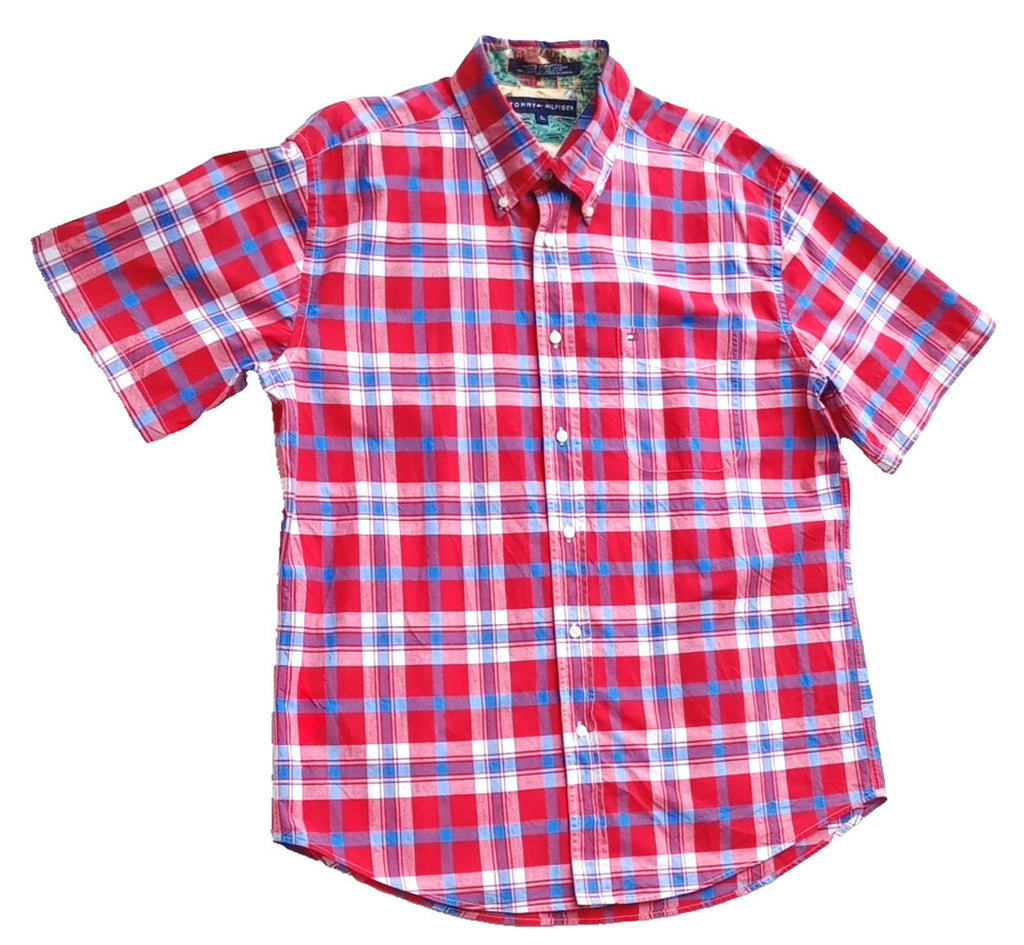 Tommy Hilfiger Shirt Men's UK Size L Red Check Short Sleeve Pockets 100% Cotton
