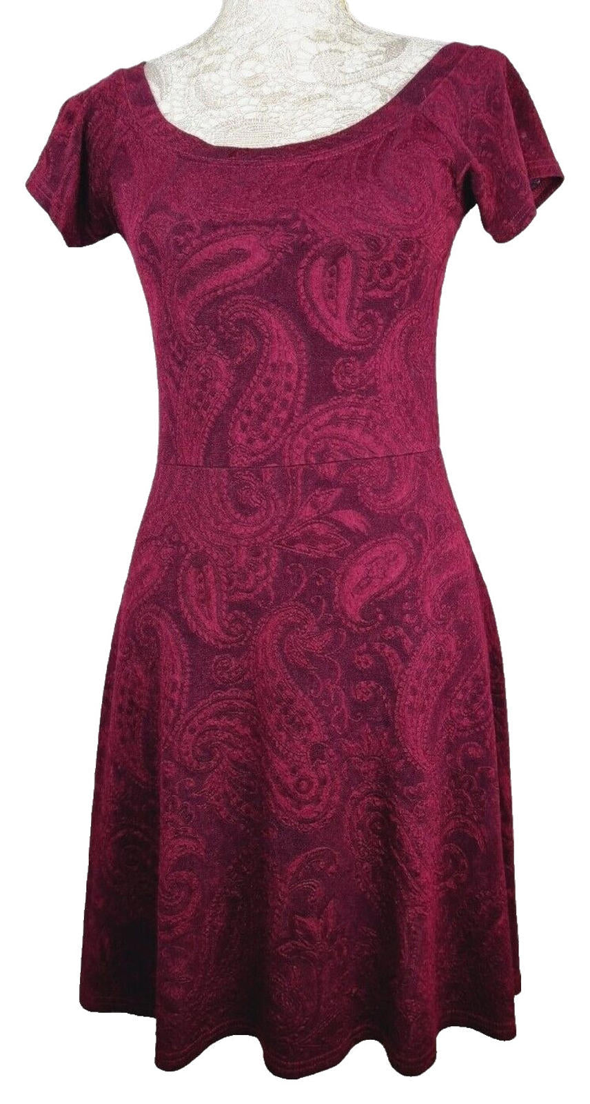 Miss Selfridge Fit & Flare Paisley Mini Dress Women's UK Size 12 Burgundy Red
