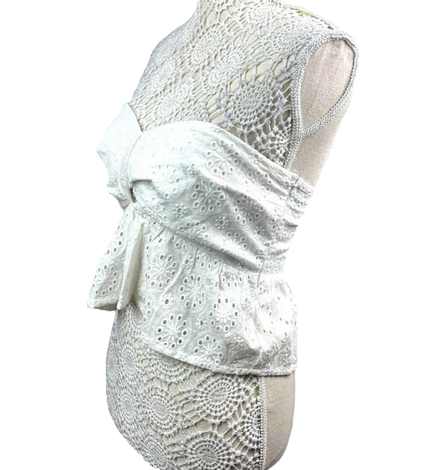 White Strapless Peplum Top Embroidered Daisy Design Women’s UK Size 8