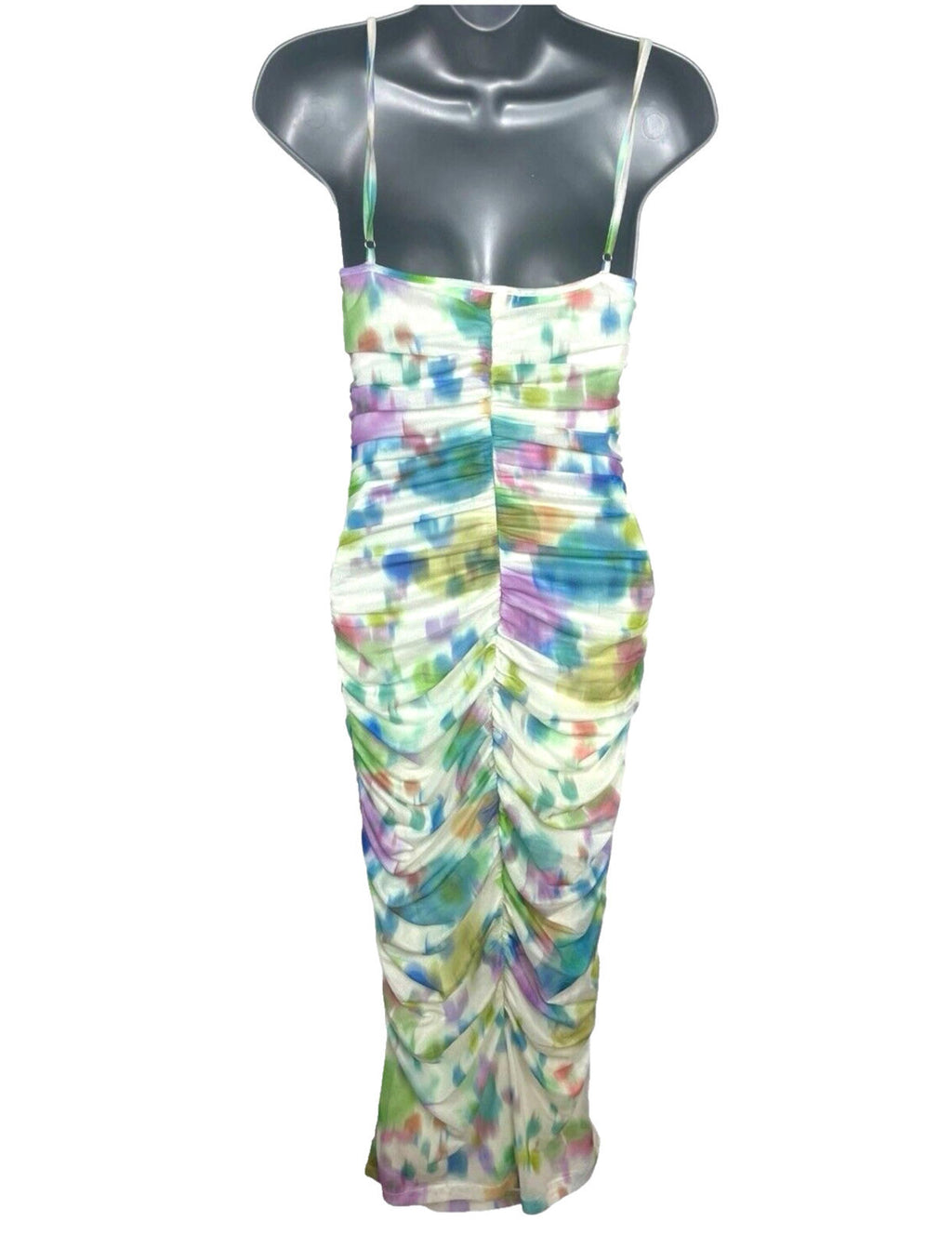 Stradivarius Maxi Dress Women’s UK Size XS Ruched Sleeveless Abstract Mesh