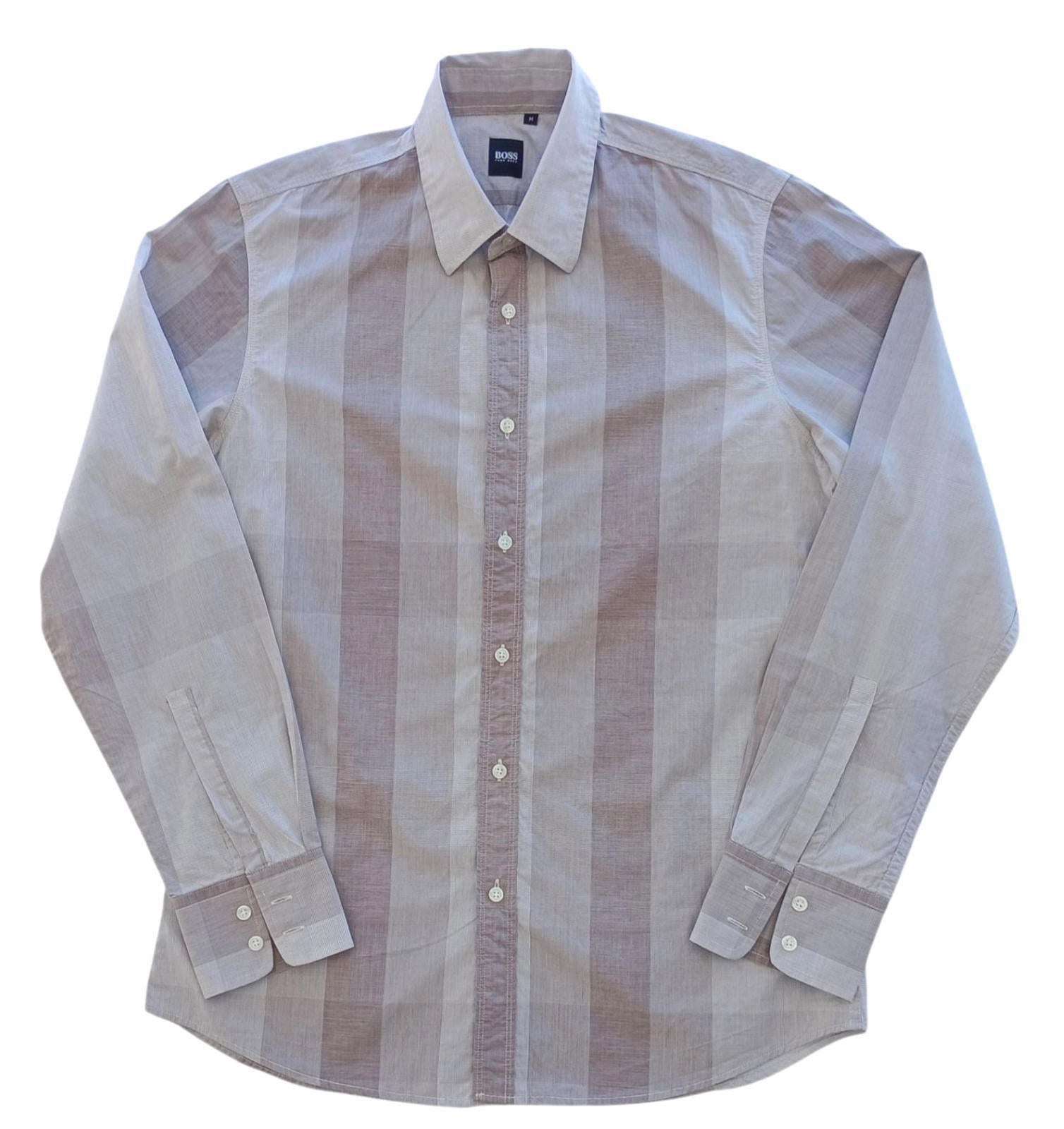 Hugo Boss Shirt Men's UK Size M Long Sleeve Brown Stripe 100% Cotton