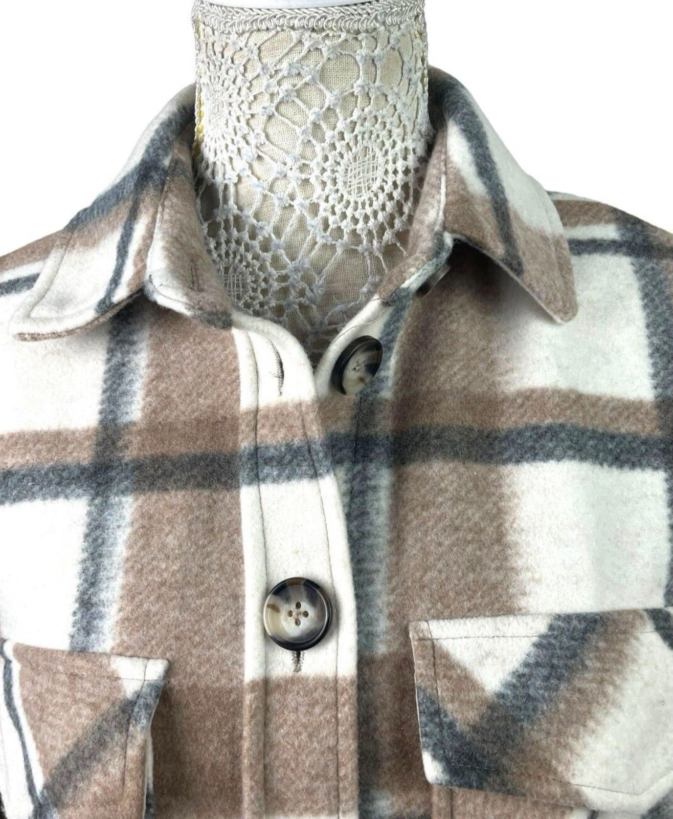 Stradivarius Beige Check Shacket Cropped Brushed Women’s UK Size XS