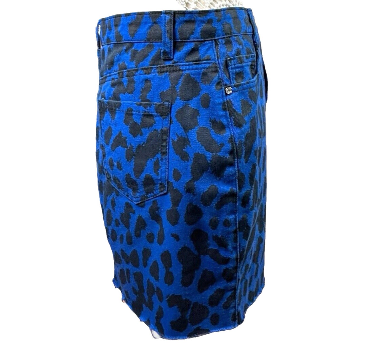 Denim Mini Skirt Women’s UK Size 12 Blue Leopard Print High Waist Pockets Y2K