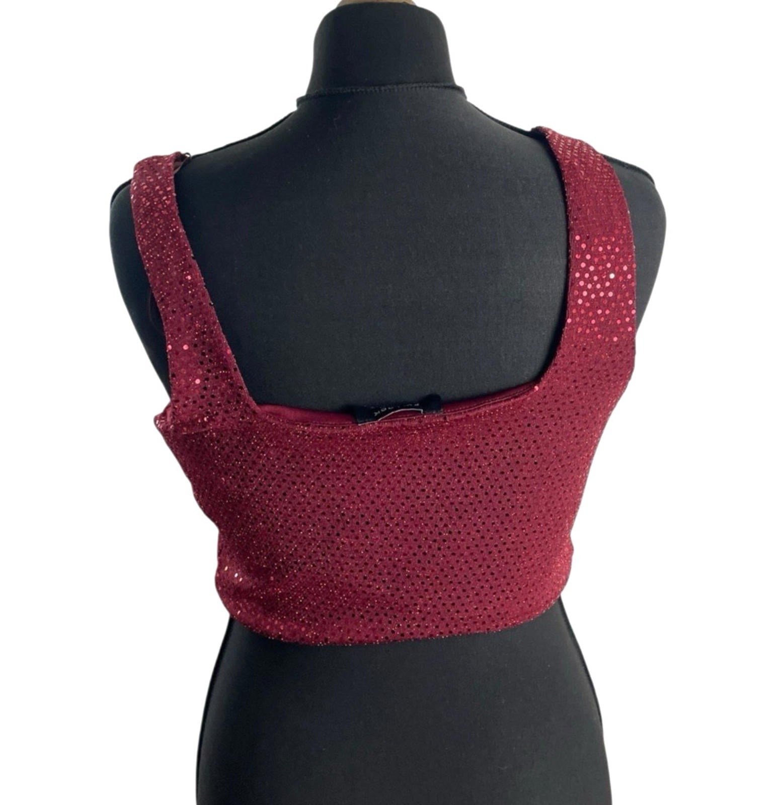 New Look Red Sparkle Crop Top Square Neck Stretch Women’s UK Size 16
