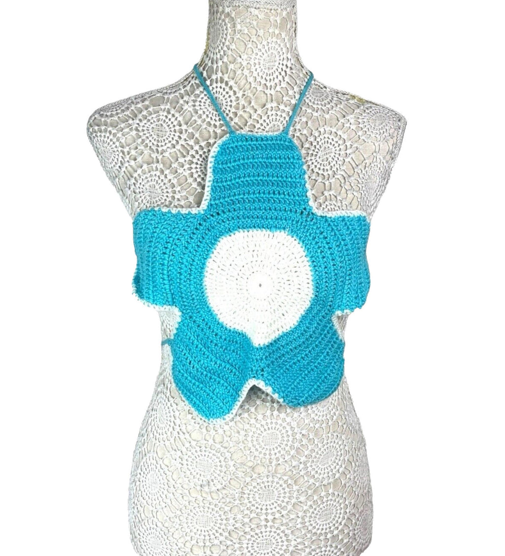 Blue Knit Flower Crop Top Backless Women’s UK Size S