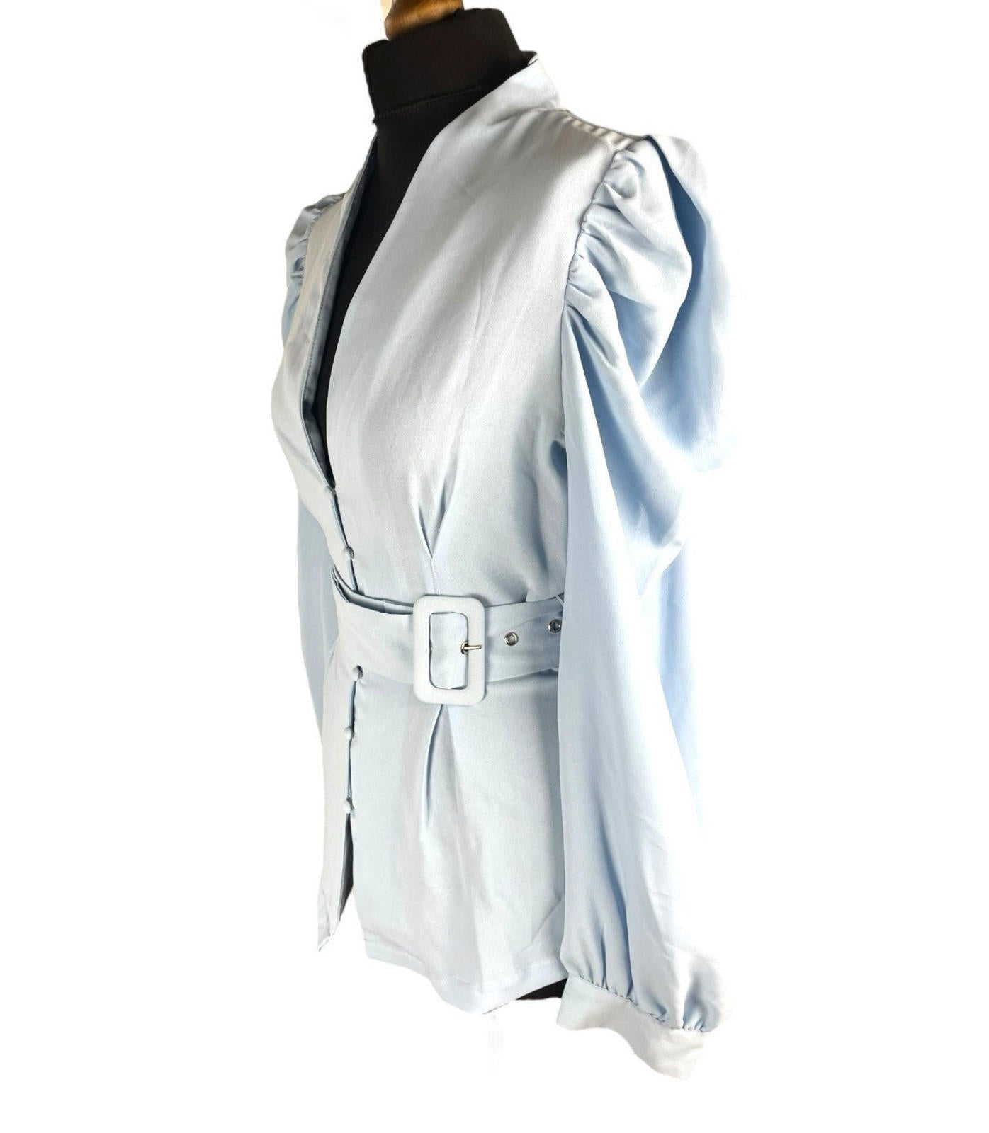 In The Style Blouse Women's UK Size 10 Belted Waist Puff Shoulder Sleeves Plunge