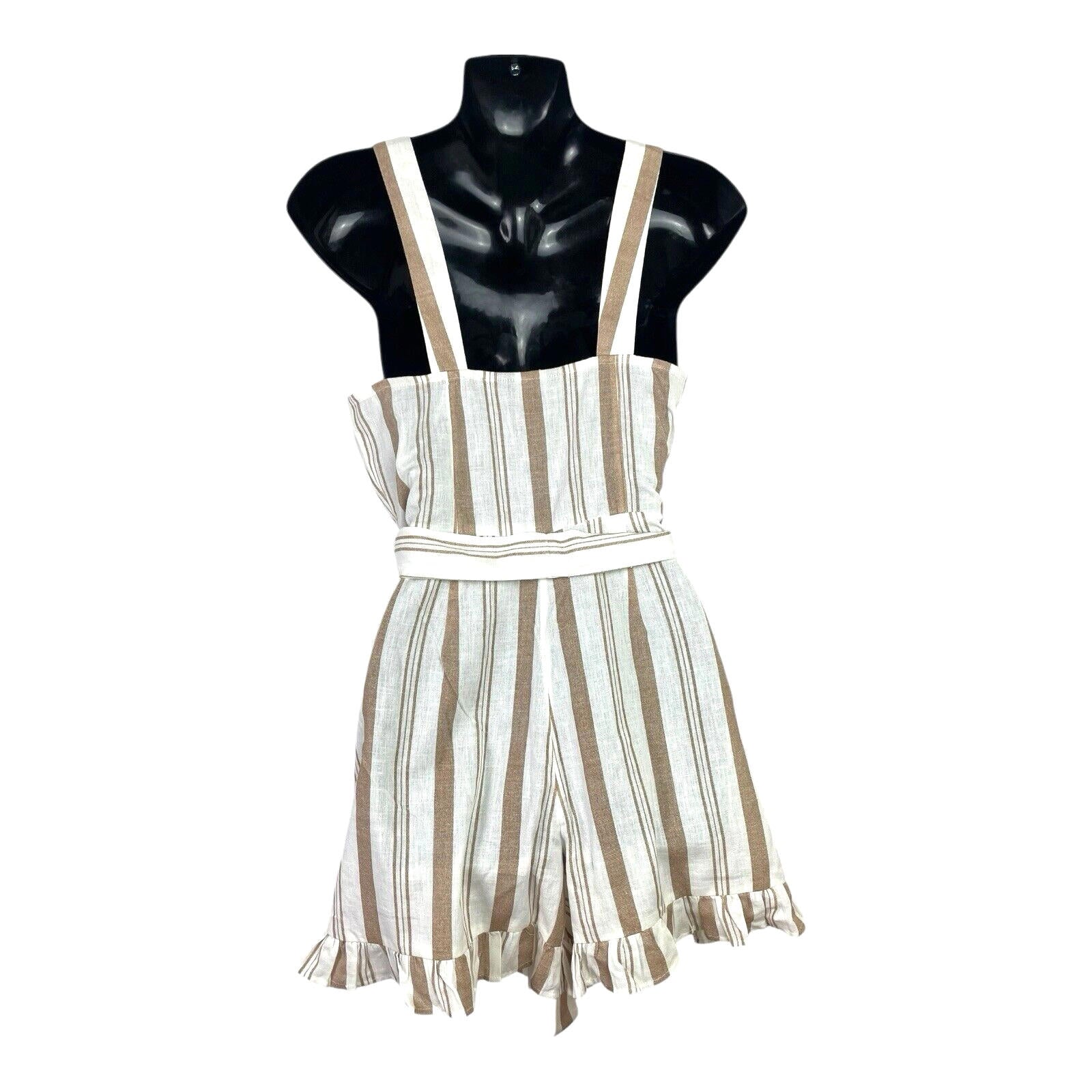 New Look White & Beige Stripe Playsuit Belted Pockets Women’s UK Size 6