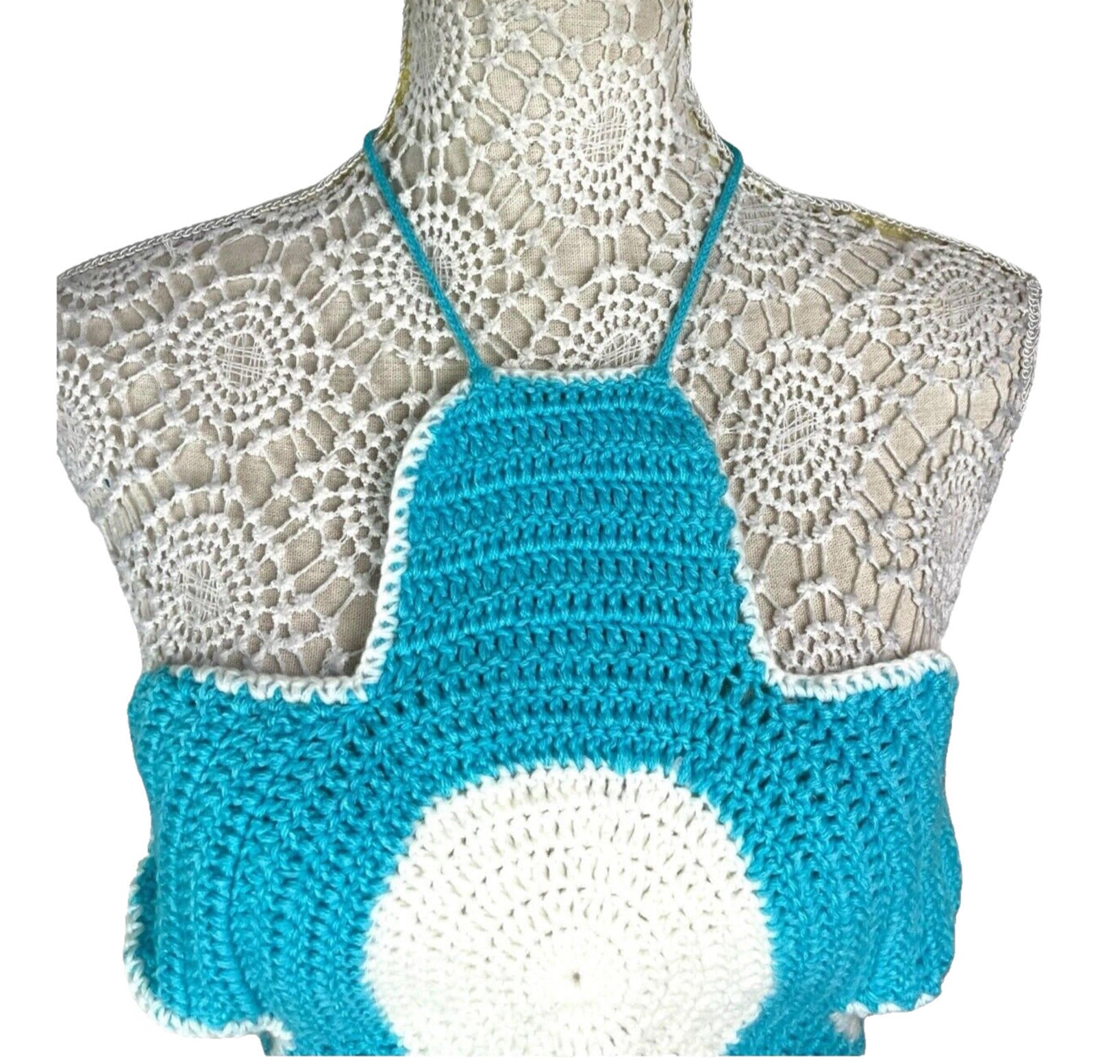 Blue Knit Flower Crop Top Backless Women’s UK Size S
