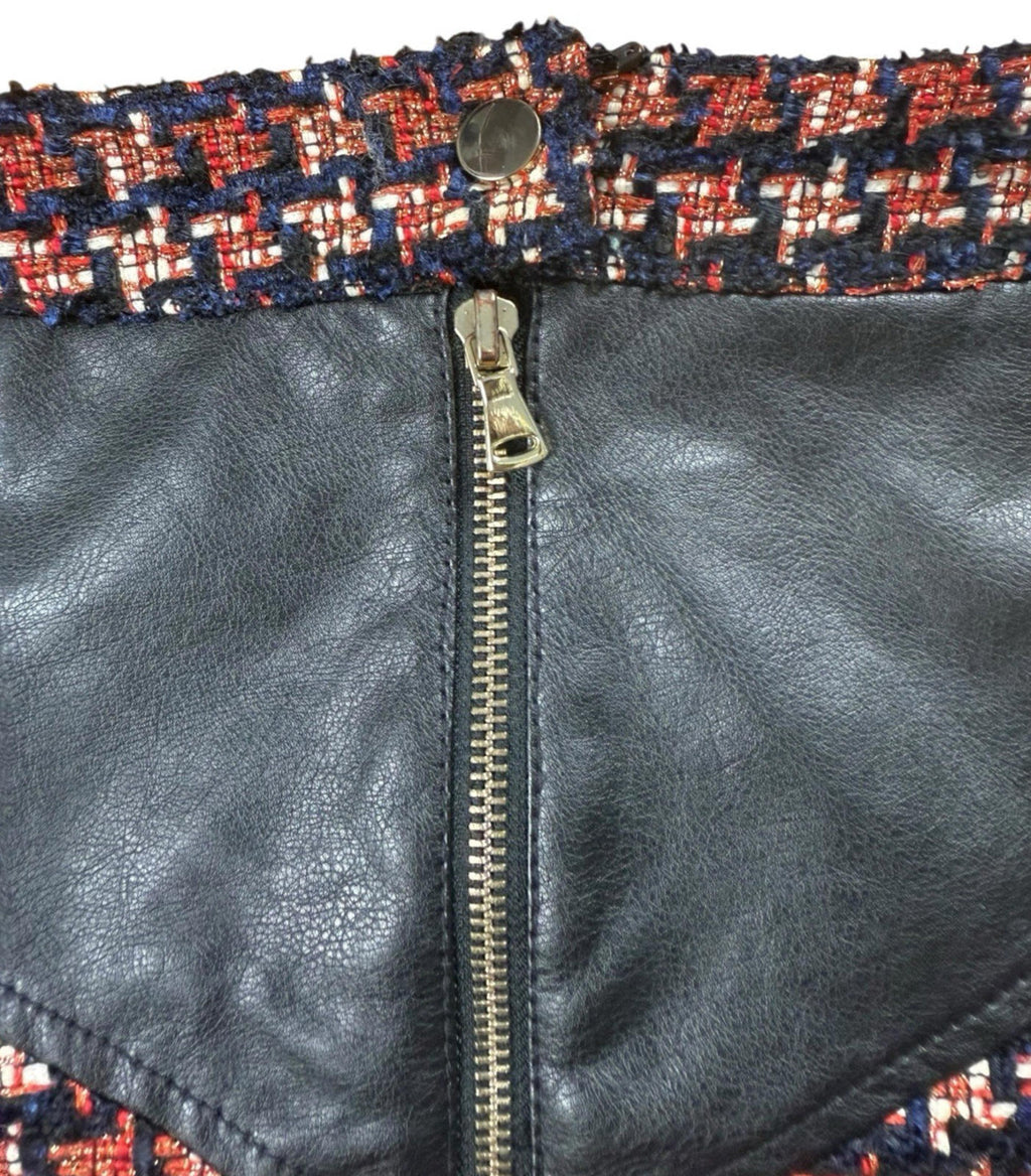 River Island Tweed A - Line Mini Skirt Faux Leather High Waist Women’s UK Size 8